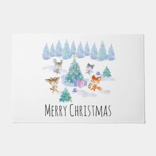 Dansende Waterverf met Kerstmis bij bosdieren Deurmat (Voorkant)