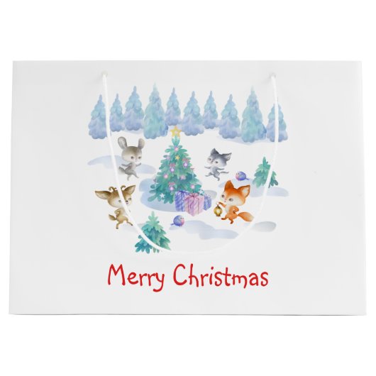 Dansende Waterverf met Kerstmis bij bosdieren Groot Cadeauzakje (Voorkant)