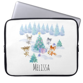 Dansende Waterverf met Kerstmis bij bosdieren Laptop Sleeve