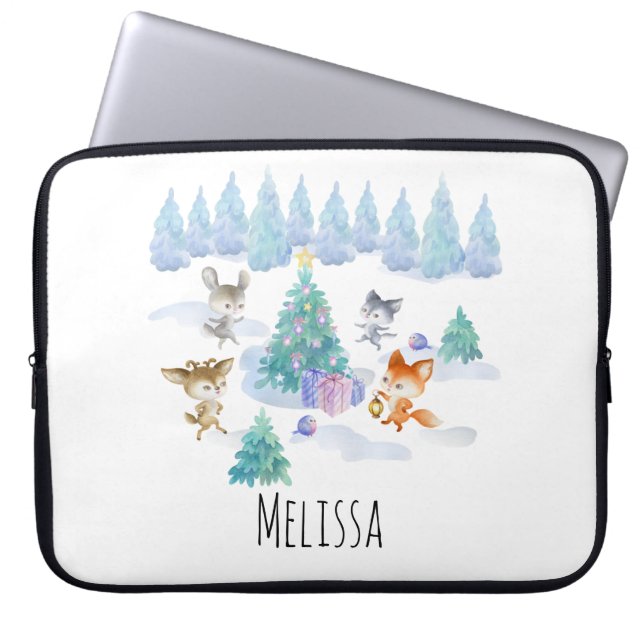 Dansende Waterverf met Kerstmis bij bosdieren Laptop Sleeve (Voorkant)