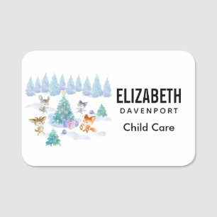 Dansende Waterverf met Kerstmis bij bosdieren Naamplaatje