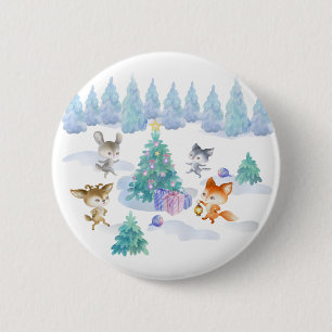 Dansende Waterverf met Kerstmis bij bosdieren Ronde Button 5,7 Cm