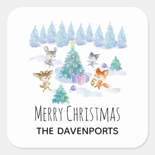Dansende Waterverf met Kerstmis bij bosdieren Vierkante Sticker (Voorkant)