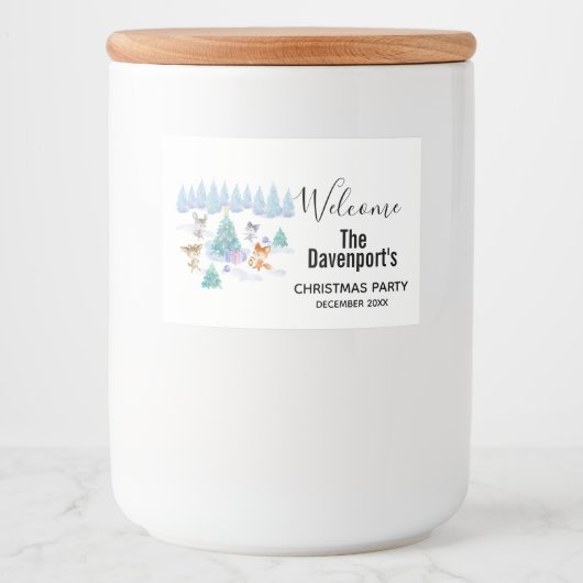 Dansende Waterverf met Kerstmis bij bosdieren Voedselcontainer Etiket (Voorkant)