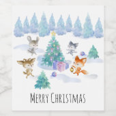 Dansende Waterverf met Kerstmis bij bosdieren Wijn Etiket (Enkel label)