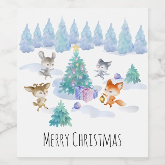 Dansende Waterverf met Kerstmis bij bosdieren Wijn Etiket (Enkel label)