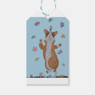 Dansende Welsh Corgi met Vlinders Cadeaulabel