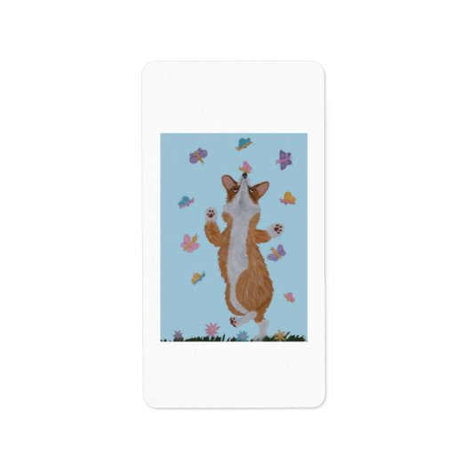 Dansende Welsh Corgi met Vlinders Etiket (Voorkant)