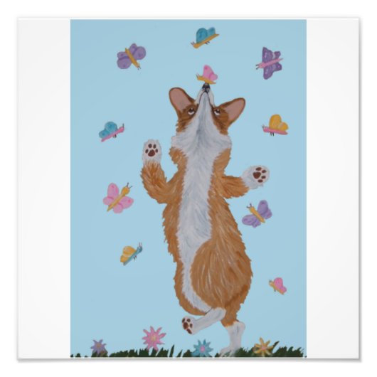 Dansende Welsh Corgi met vlinders Foto Afdruk (Voorkant)