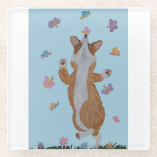 Dansende Welsh Corgi met Vlinders Glazen Onderzetter