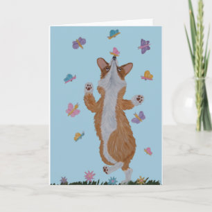Dansende  Welsh Corgi met vlinders Kaart