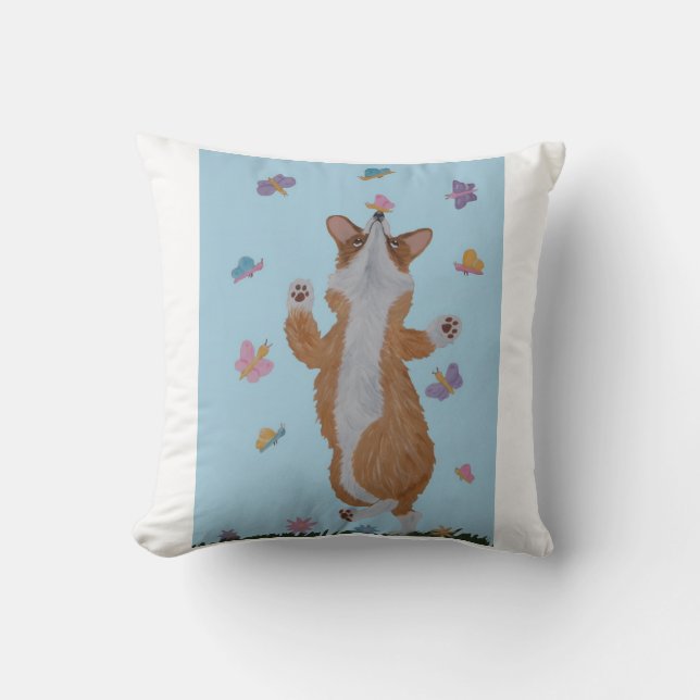 Dansende Welsh Corgi met Vlinders Kussen (Voorkant)