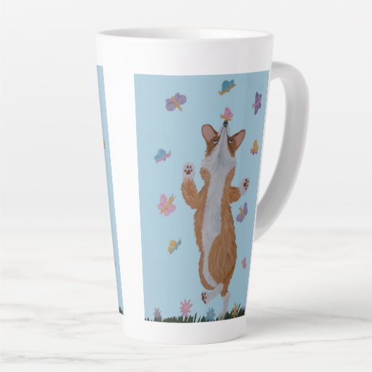 Dansende Welsh Corgi met Vlinders Latte Mok (Rechterhoek)