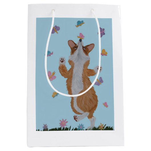 Dansende Welsh Corgi met Vlinders Medium Cadeauzakje (Voorkant)