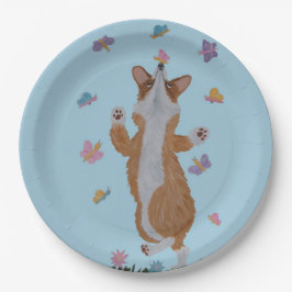 Dansende Welsh Corgi met Vlinders Papieren Bordje
