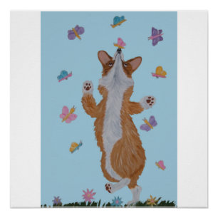 Dansende Welsh Corgi met vlinders Perfect Poster