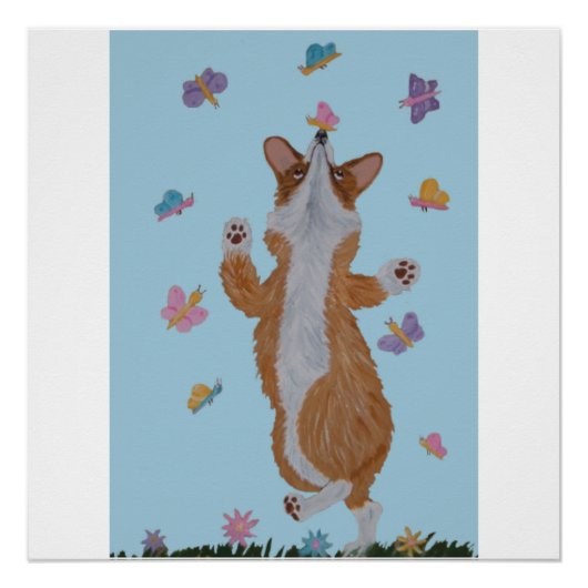 Dansende Welsh Corgi met vlinders Perfect Poster (Voorkant)