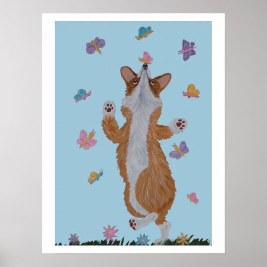 Dansende Welsh Corgi met vlinders Poster (Voorkant)