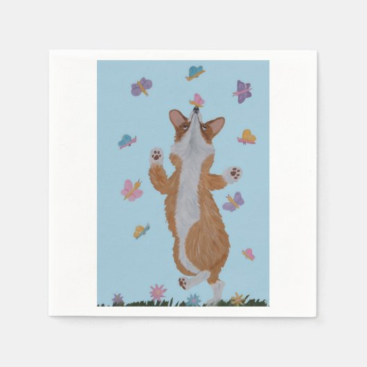 Dansende  Welsh Corgi met Vlinders Servet (Voorkant)