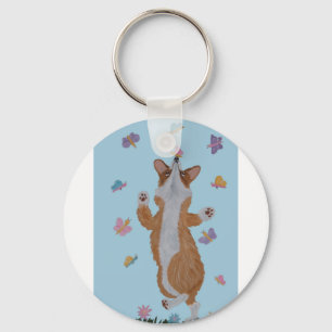 Dansende Welsh Corgi met Vlinders Sleutelhanger