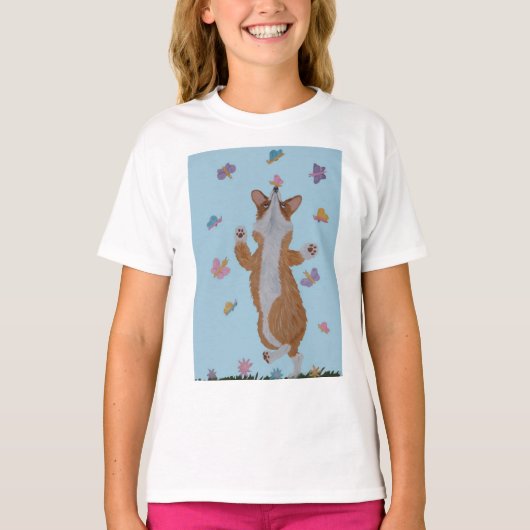 Dansende Welsh Corgi met Vlinders T-shirt (Voorkant)