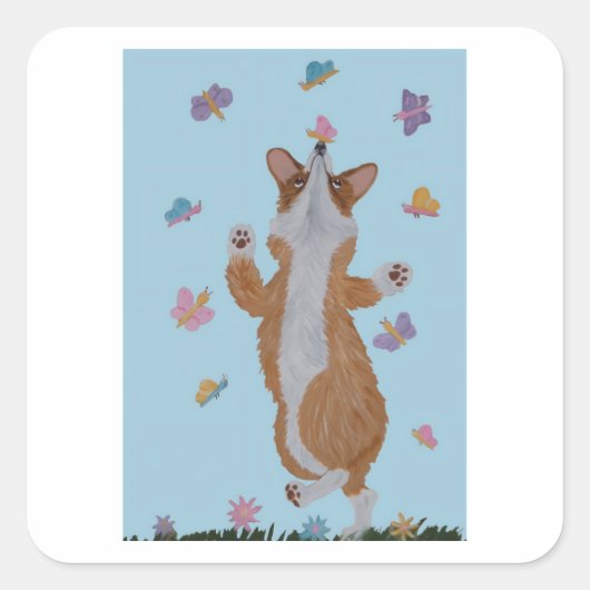 Dansende Welsh Corgi met Vlinders Vierkante Sticker (Voorkant)