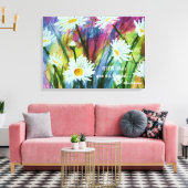 Dansende witte madeliefjes in Waterverf Canvas Afdruk (Insitu (Woonkamer))