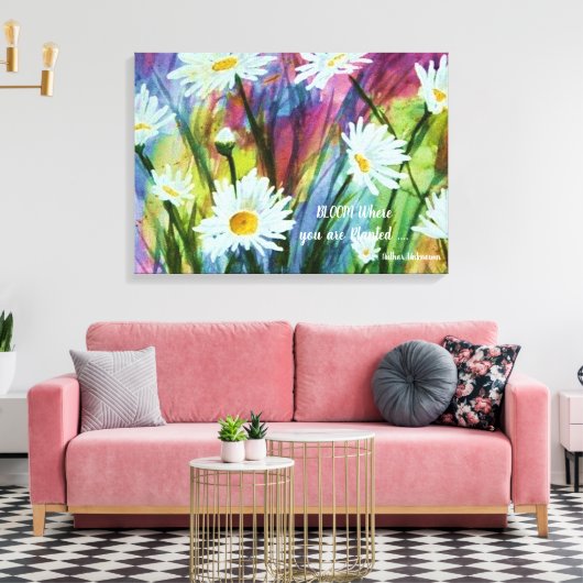 Dansende witte madeliefjes in Waterverf Canvas Afdruk (Insitu (Woonkamer))