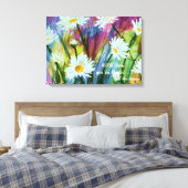 Dansende witte madeliefjes in Waterverf Canvas Afdruk (Insitu (Slaapkamer))