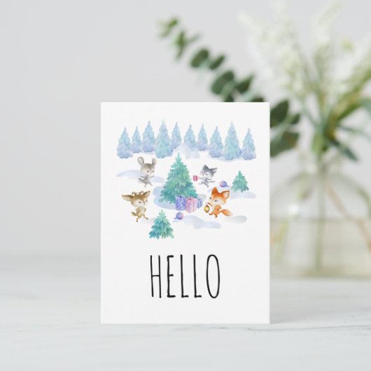 Dansende Woodland Animals Waterverf Hallo Briefkaart (Staand voorkant)
