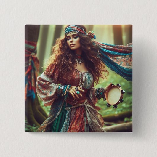 DANSENDE ZIGEUNERIN VIERKANTE BUTTON 5,1 CM (Voorkant)