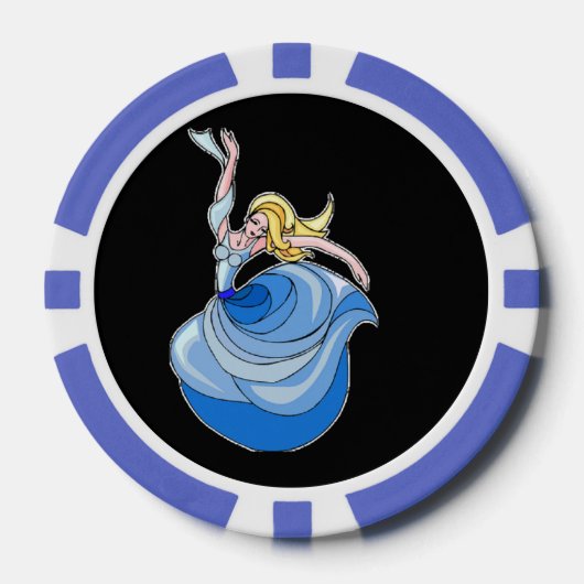 Danser in blauwe jurk op zwart poker chips (Voorkant)