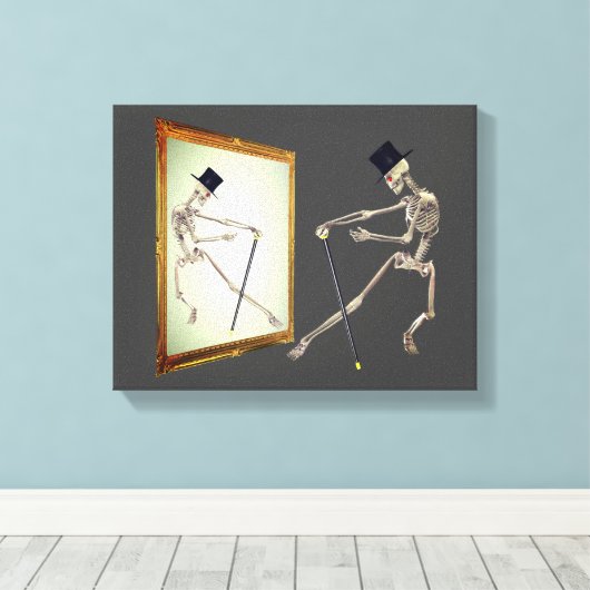 Danskelet in spiegel canvas afdruk (Insitu (Houten vloer))