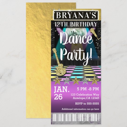 Dansvloer & Disco Bal Verjaardagsfeest Ticket Kaart (Voorkant / Achterkant)