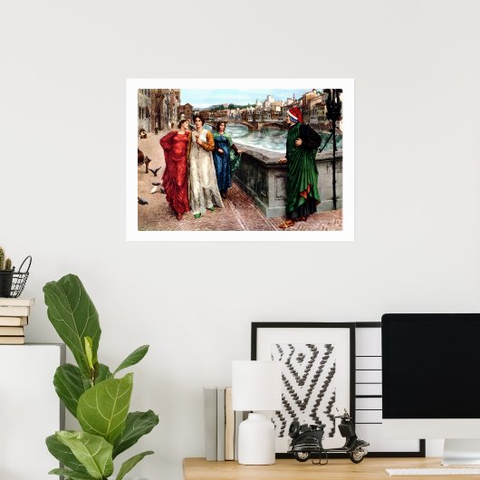 Dante ontmoet Beatrice in Florence. Poster (Thuiskantoor)