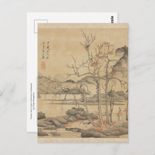 Daoist en Crane in het Autumn Landschap door Hongs Briefkaart (Voorkant / Achterkant)