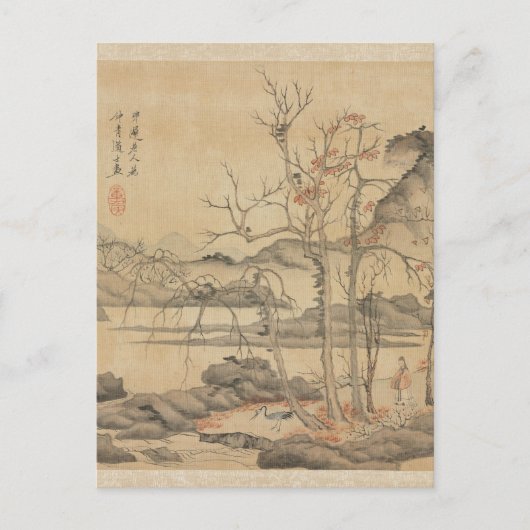 Daoist en Crane in het Autumn Landschap door Hongs Briefkaart (Voorkant)