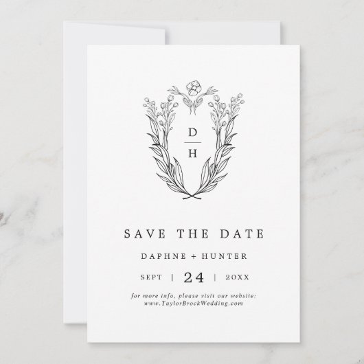 DAPHNE Classic Elegant Zwart Wit Bloemen Huwelijk Save The Date (Voorkant)