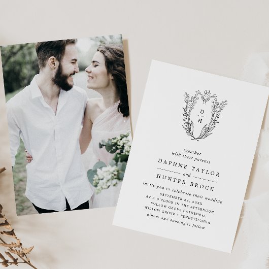 DAPHNE Classic Zwart Wit Bloemen Fotobruiloft Kaart