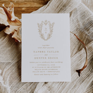 DAPHNE Crest Goud Wit Eenvoudige Botanische Huweli Kaart