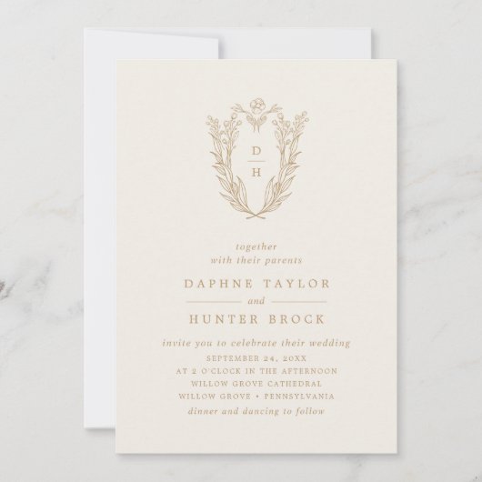 DAPHNE Eenvoudige Botanische  Cream Gold Wedding Kaart (Voorkant)