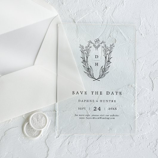 DAPHNE Floral Monogram Black Wedding Save The Date Acryl Uitnodigingen