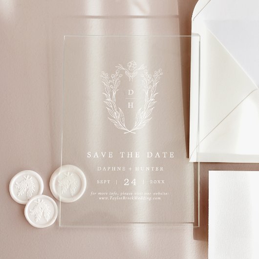 DAPHNE Floral Monogram White Wedding Save The Date Acryl Uitnodigingen