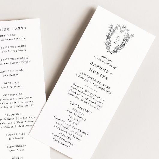 DAPHNE Greenery Zwart Wit Crest Monogram Huwelijk Programmakaart