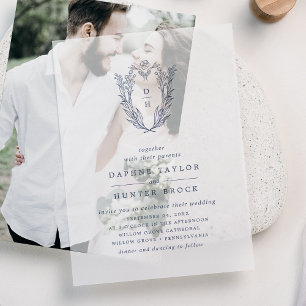 DAPHNE Navy Blue Botanical Simple Elegant Wedding Vellum Uitnodigingen