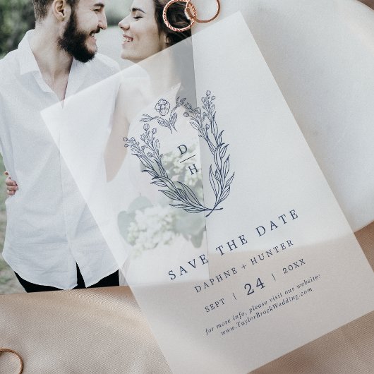 DAPHNE Navy Blue Minimalist Wedding Save the Date Vellum Uitnodigingen