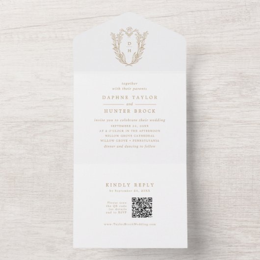 DAPHNE QR Code Fancy Goud Wit Antiek Wedding All In One Uitnodiging (Binnen)