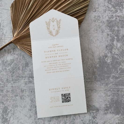 DAPHNE QR Code Fancy Goud Wit Antiek Wedding All In One Uitnodiging