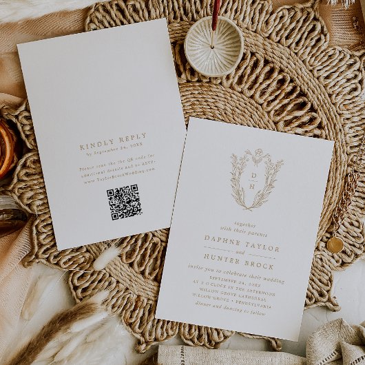 DAPHNE QR Code Goud Wit Bloemen Classy Wedding Kaart