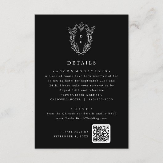 DAPHNE Simple Dark Black Botanical Wedding Details Informatiekaartje (Voorkant)
